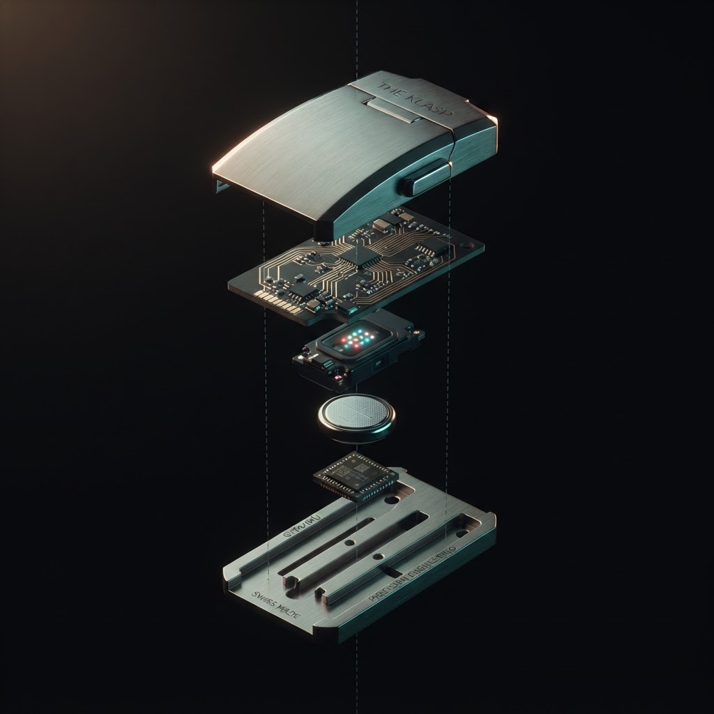 Exploded view of The Klasp: steel shell, circuit board and lithium cell
